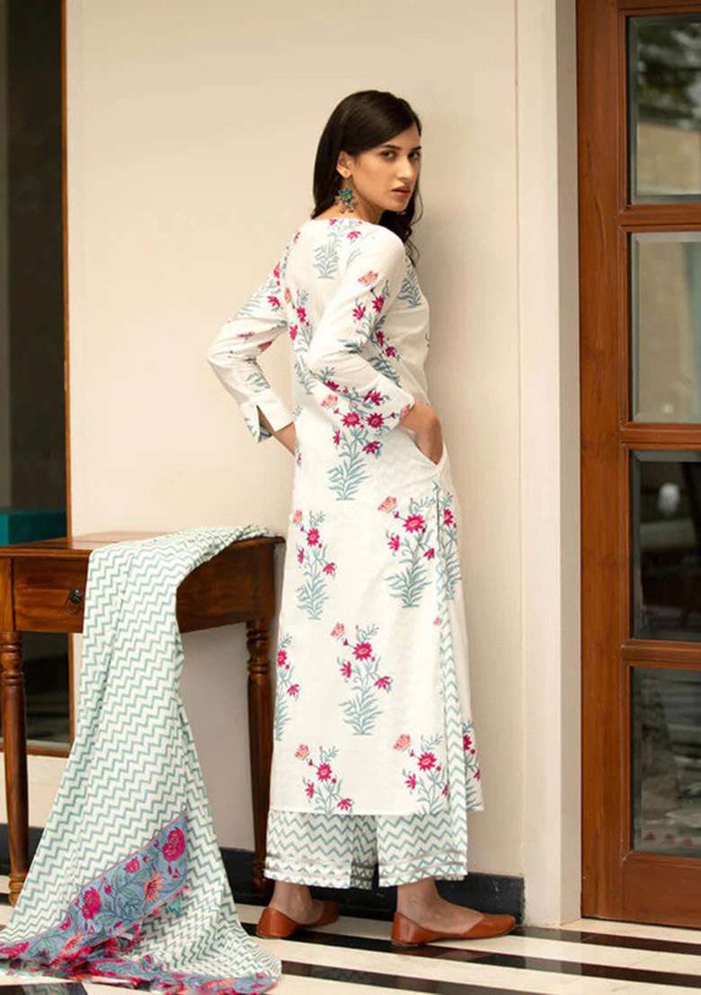 White Floral Print Cotton Straight Kurta Set - Indya