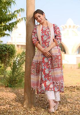 Red Printed Cotton Kurta Set