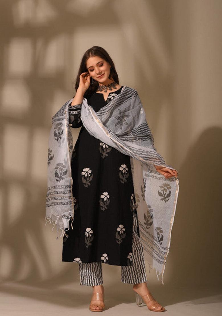 Black Printed Cotton Kurta Set