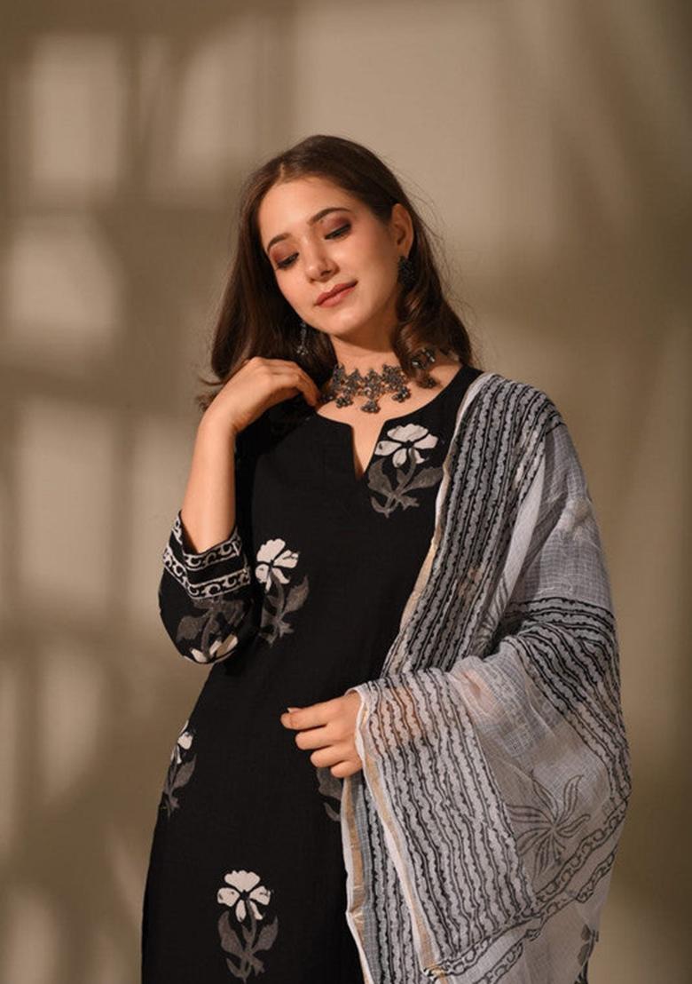 Black Printed Cotton Kurta Set