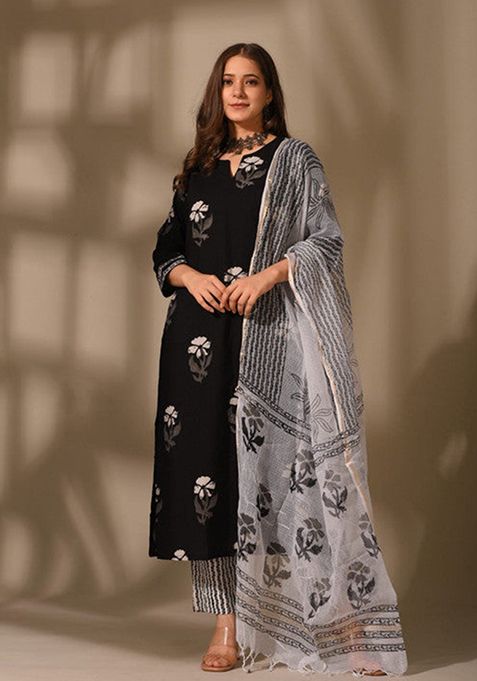 Black Printed Cotton Kurta Set