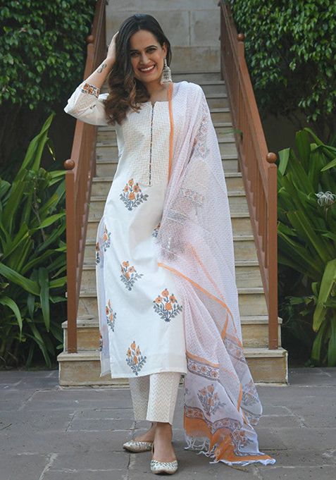 White Printed Cotton Kurta Set