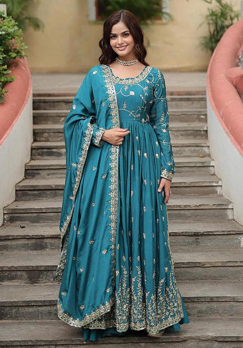 Rama Green Sequin Embroidered Chinon Kurta Set