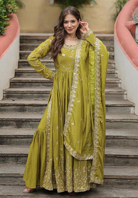 Parrot Green Sequin Embroidered Chinon Kurta Set