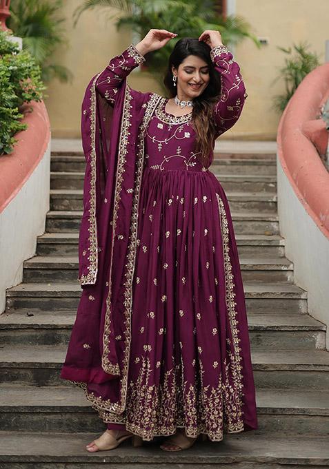 Wine Sequin Embroidered Chinon Kurta Set