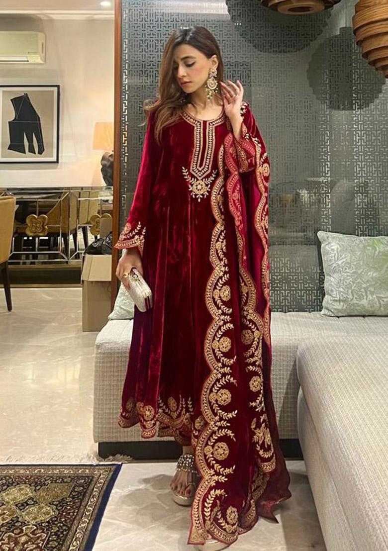 Maroon Sequin Embroidered Velvet Kurta Set