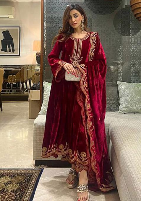 Maroon Sequin Embroidered Velvet Kurta Set