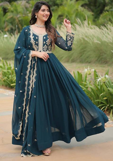 Rama Blue Sequin Embroidered Faux Blooming Anarkali Gown With Dupatta