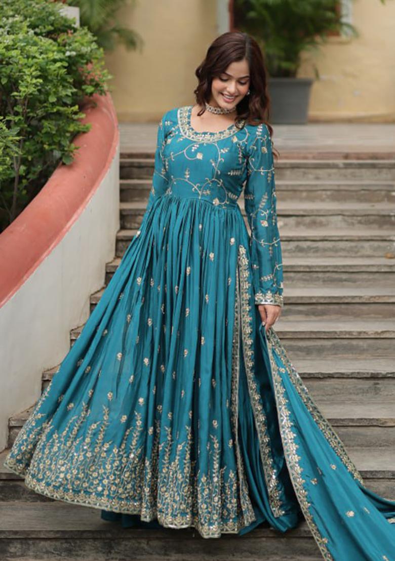 Rama Blue Sequin Embroidered Chinon Sharara Set