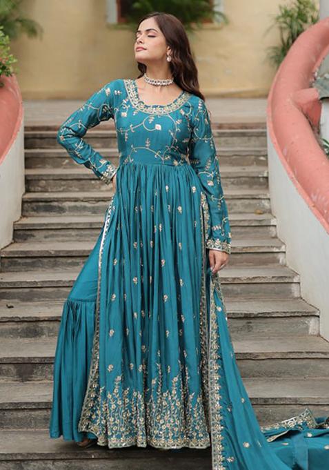 Rama Blue Embroidered Chinon Anarkali Set