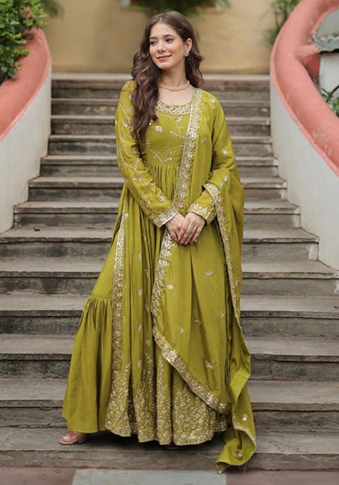 Parrot Sequin Embroidered Chinon Sharara Set