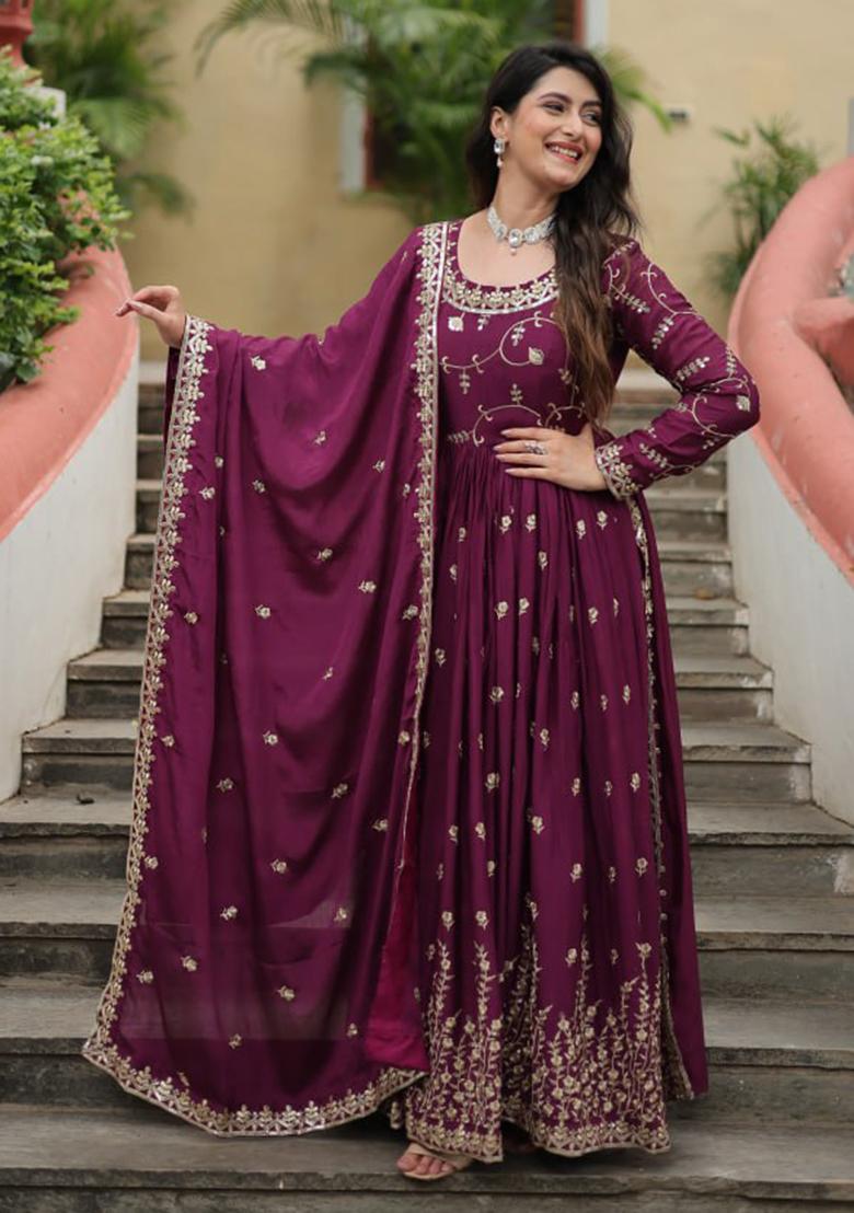 Wine Sequin Embroidered Chinon Sharara Set