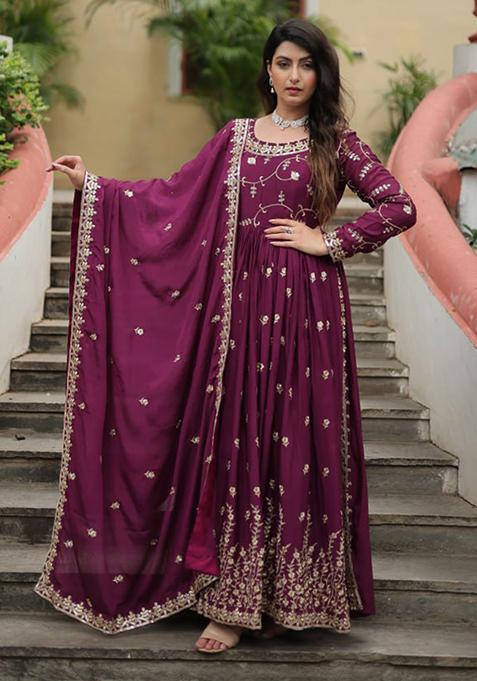 Wine Sequin Embroidered Chinon Sharara Set