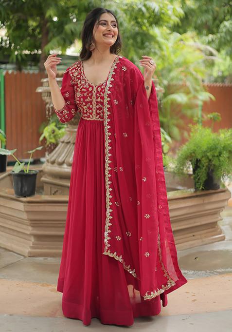 Pink Sequin Embroidered Faux Blooming Anarkali Gown With Dupatta