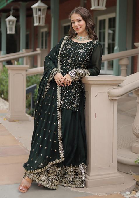 Green Sequin Embroidered Rangoli Silk Palazzo Set