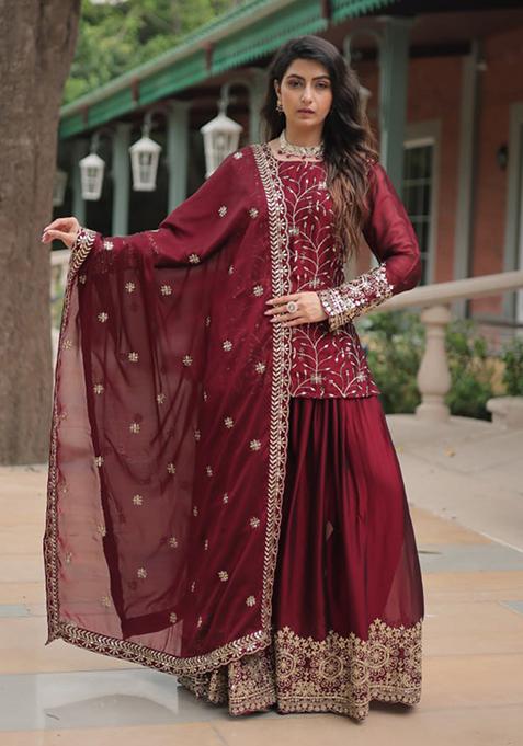 Maroon Sequin Embroidered Rangoli Silk Palazzo Set