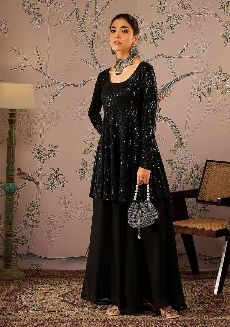 Black Sequin Embroidered Georgette Palazzo Set - Indya