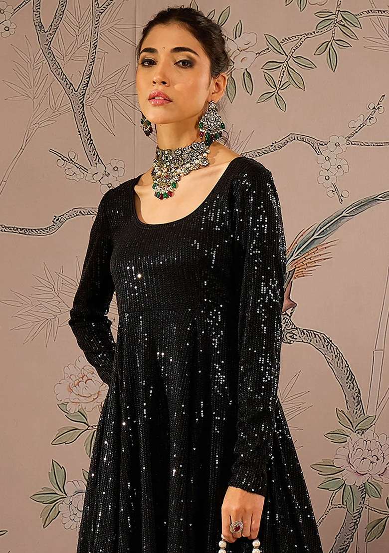 Black Sequin Embroidered Georgette Palazzo Set - Indya