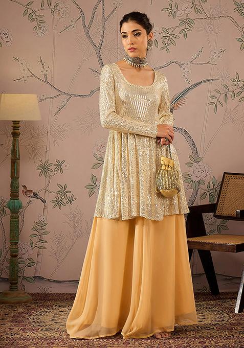 Golden Sequin Embroidered Georgette Palazzo Set