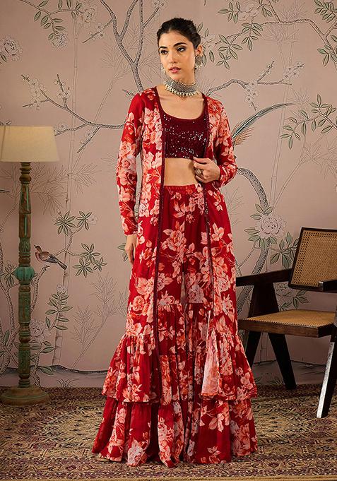 Maroon Sequin Embroidered Georgette Jacket Set