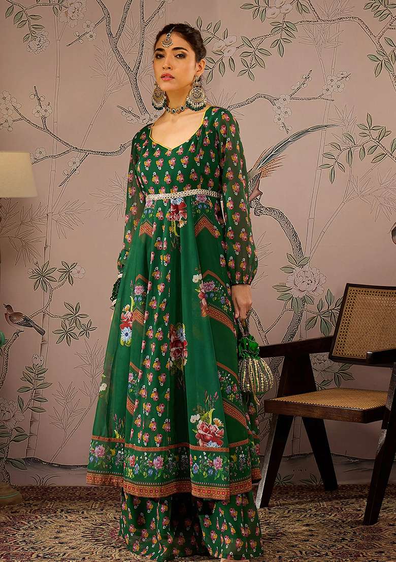 Green Printed Georgette Anarkali Set - Indya