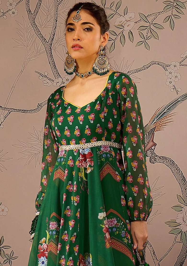 Green Printed Georgette Anarkali Set - Indya