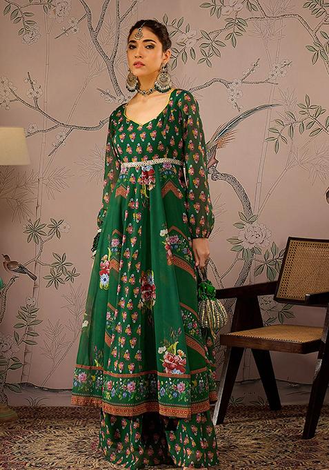 Green Printed Georgette Kurta Set