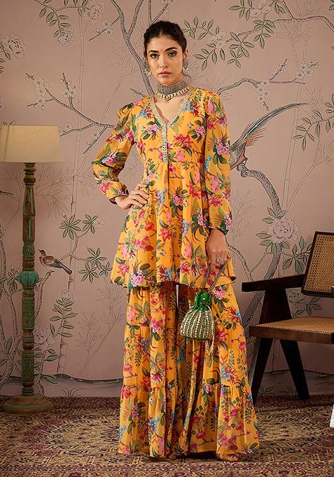 Yellow Printed Georgette Palazzo Set