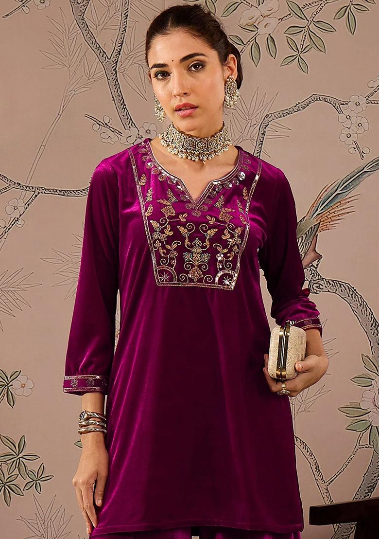 Fuchsia Pink Embroidered Velvet Palazzo Set