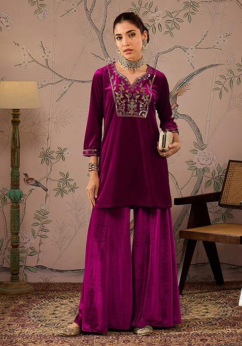 Fuchsia Pink Embroidered Velvet Palazzo Set