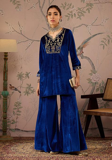 Royal Blue Embroidered Velvet Palazzo Set