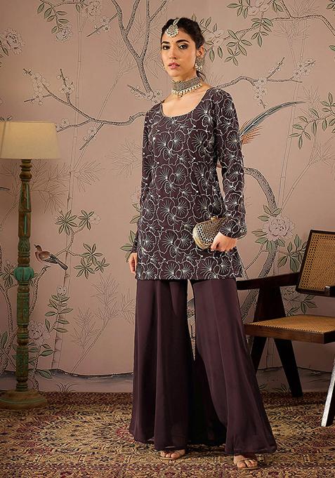 Brown Sequin Embroidered Georgette Palazzo Set