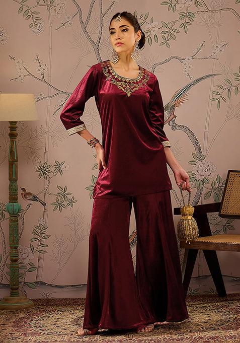 Maroon Embroidered Velvet Palazzo Set