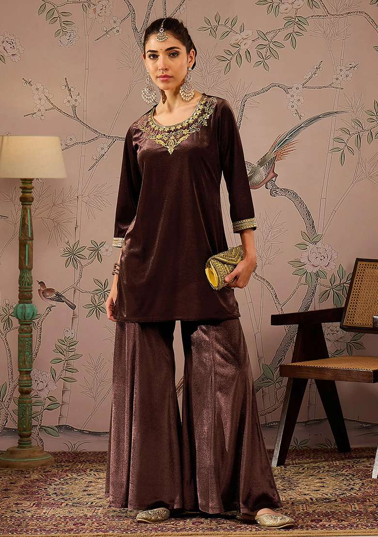 Brown Embroidered Velvet Sharara Set - Indya