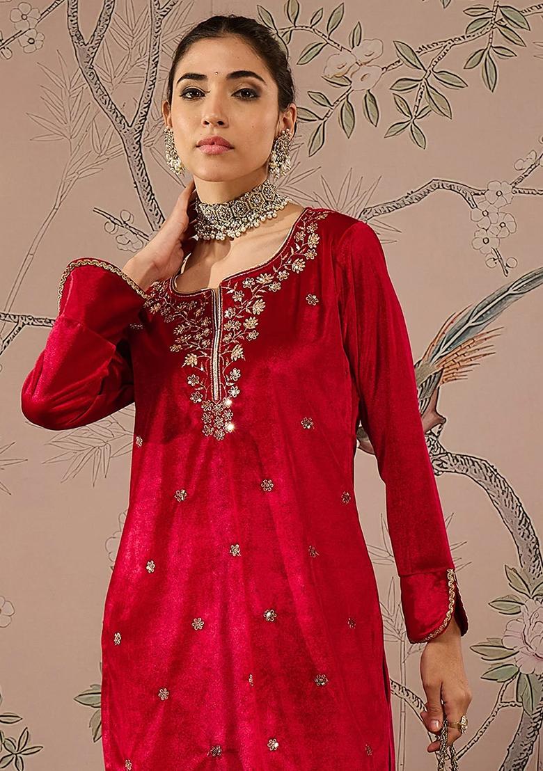 Red Embroidered Velvet Co-Ord Set