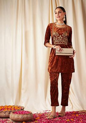 Rust Embroidered Velvet Co-Ord Set