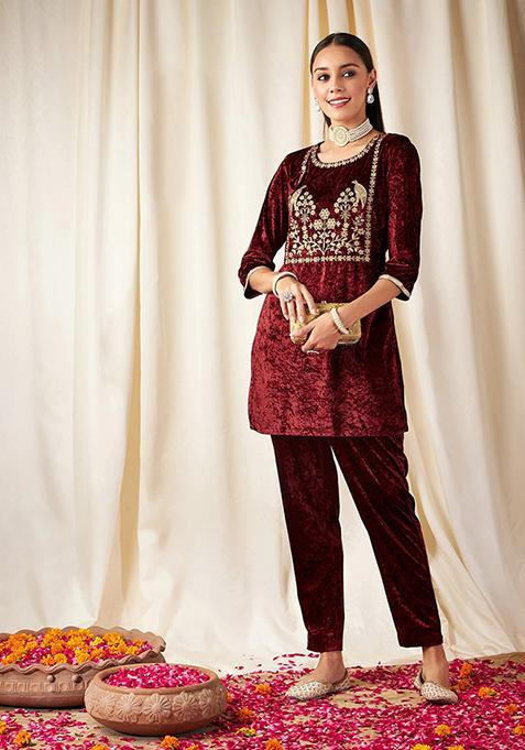 Maroon Embroidered Velvet Co-Ord Set