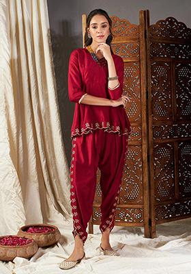 Maroon Embroidered Poly Silk Co-Ord Set