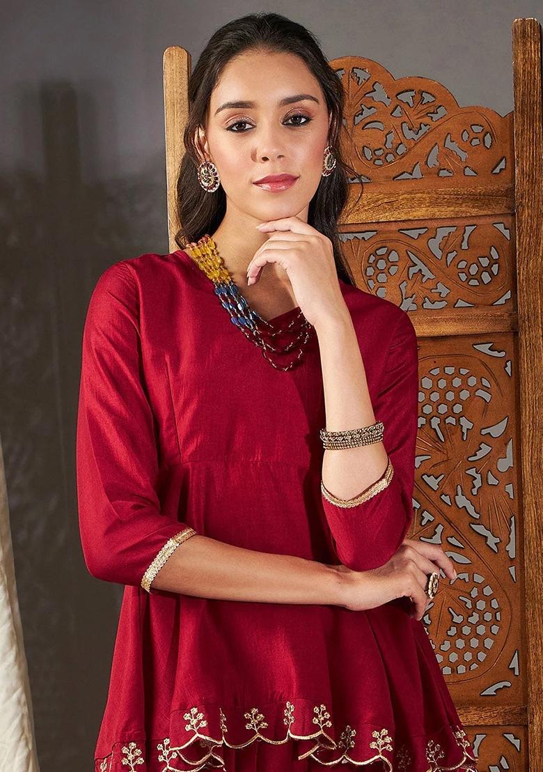 Maroon Embroidered Poly Silk Co-Ord Set