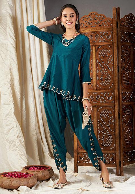 Teal Embroidered Poly Silk Co-Ord Set