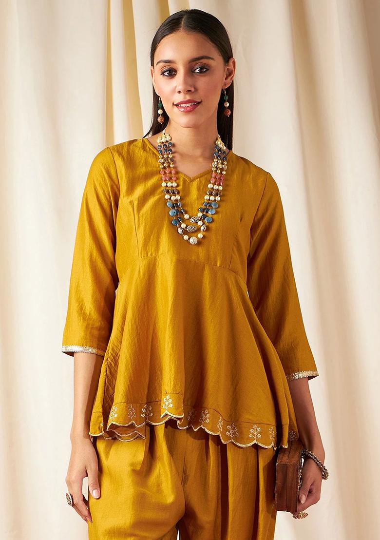 Mustard Embroidered Poly Silk Co-Ord Set