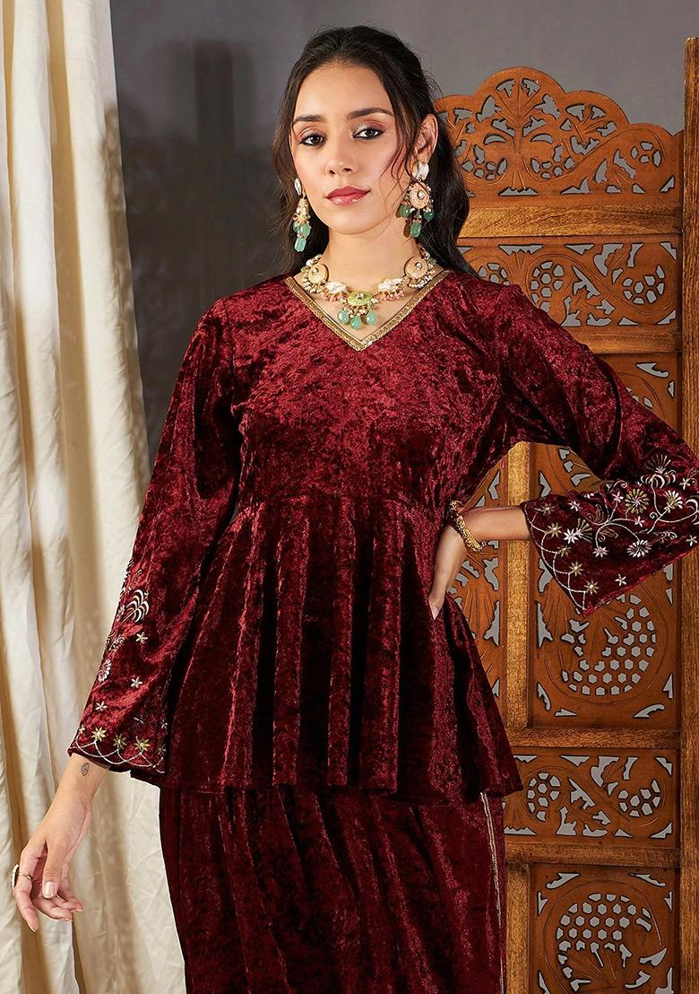 Maroon Embroidered Velvet Co-Ord Set