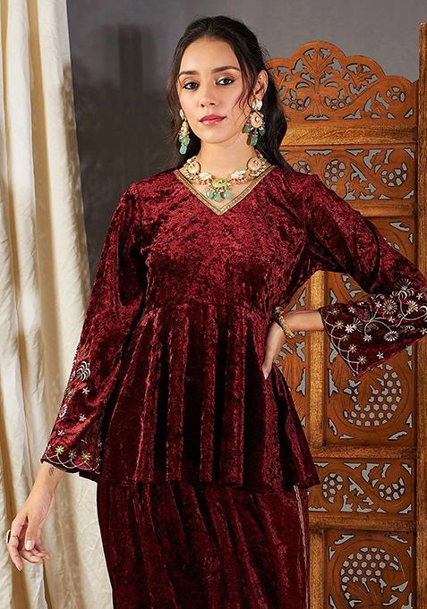Red Embroidered Velvet Co-Ords