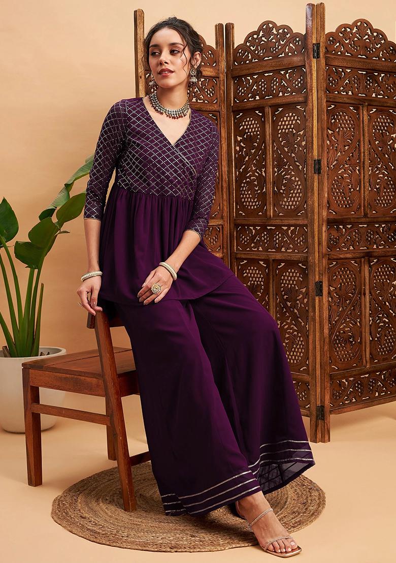 Burgundy Solid Georgette Skirt Set - Indya