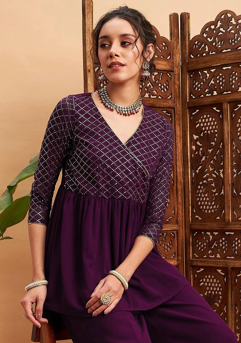 Burgundy Solid Georgette Skirt Set - Indya
