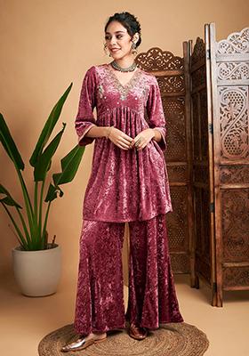 Pink Embroidered Velvet Palazzo Set