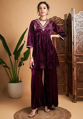Purple Embroidered Velvet Palazzo Set