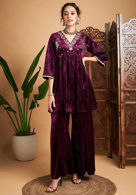 Purple Embroidered Velvet Palazzo Set