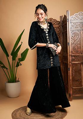 Black Embroidered Velvet Palazzo Set