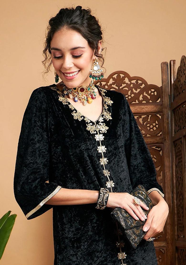 Black Embroidered Velvet Palazzo Set